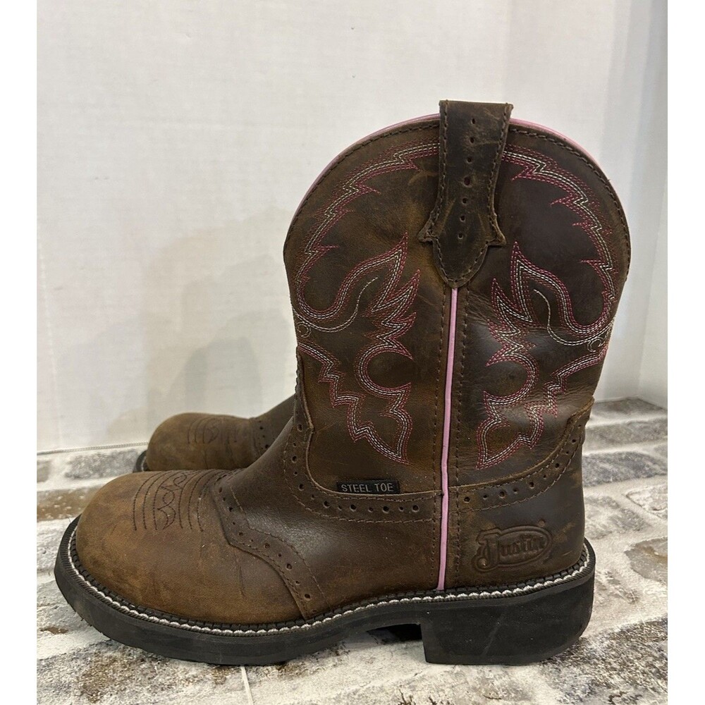 Justin Gypsy Wanette Women's 10B Steel-toe Leather Work Boots Brown Pink Accent - Picture 2 of 7